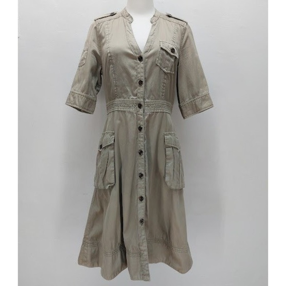 Maeve Utility Safari Midi Dress Women's Size 6 Khaki Green Cargo Cotton Earthy